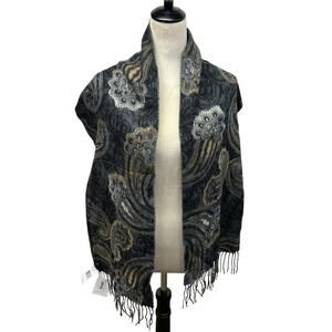 Modern Vintage Paisley Scarf Fraas Cashmink Black Gray Wrap NWT